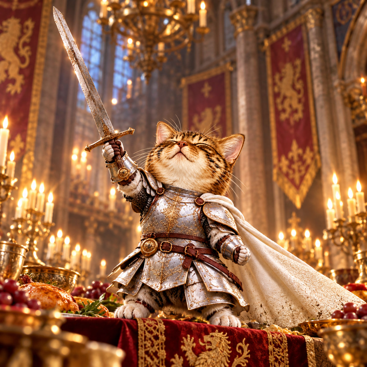Cat knight raising a sword in a candlelit royal banquet hall