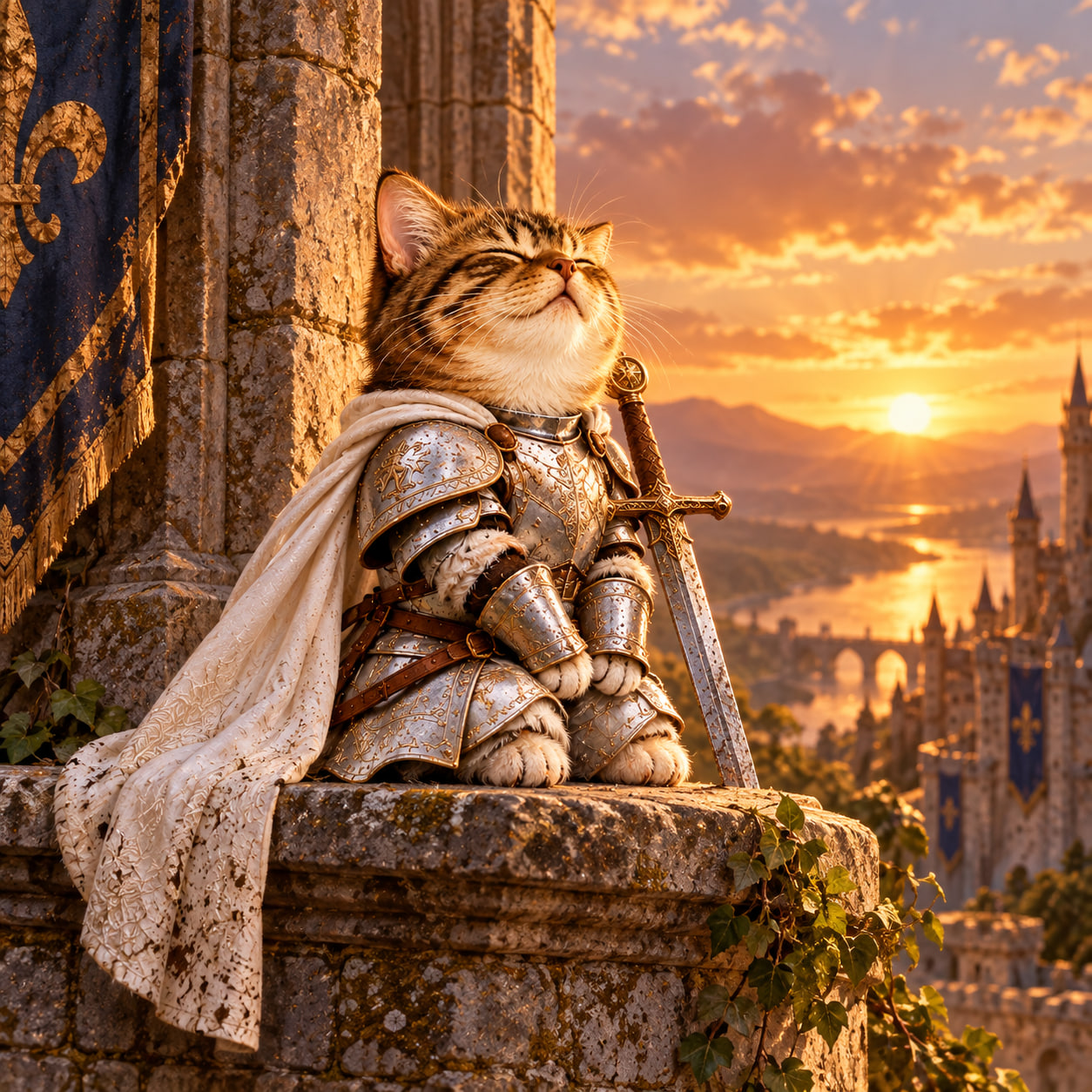 SWORDCATE resting on a castle battlement above a golden sunset kingdom