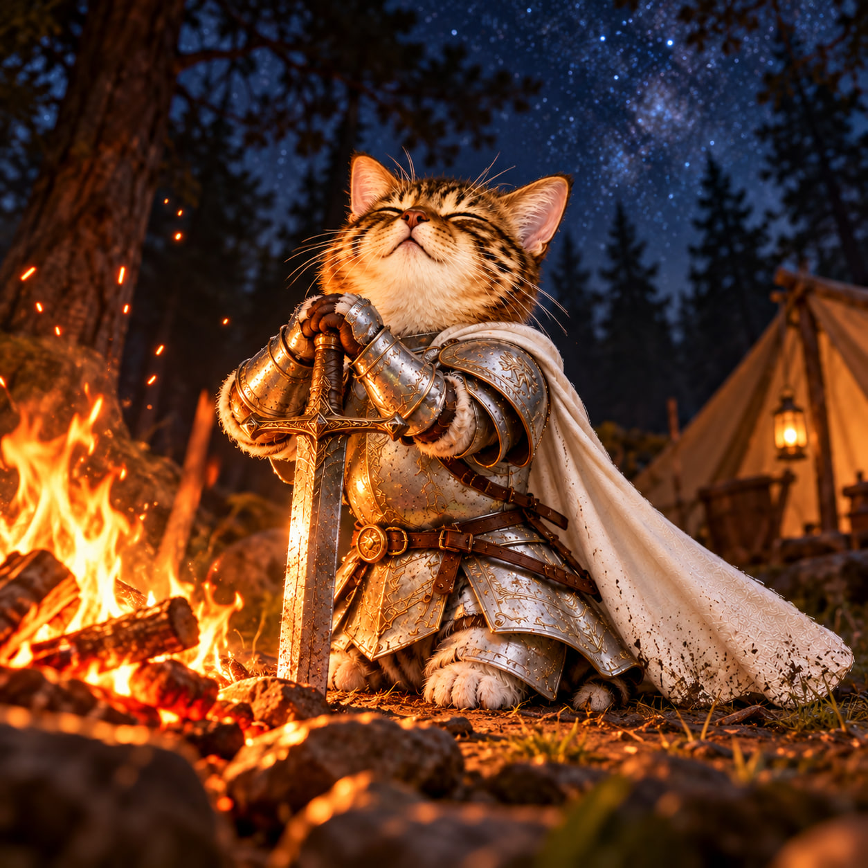 Cat knight beside a campfire under a star-filled forest sky