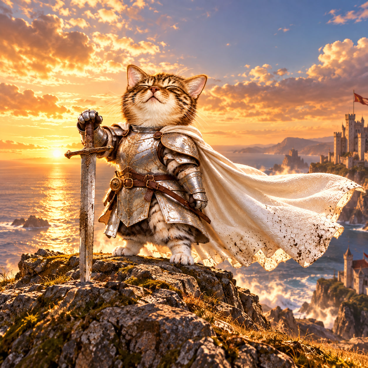 Cat knight overlooking the sea and a coastal castle at sunset