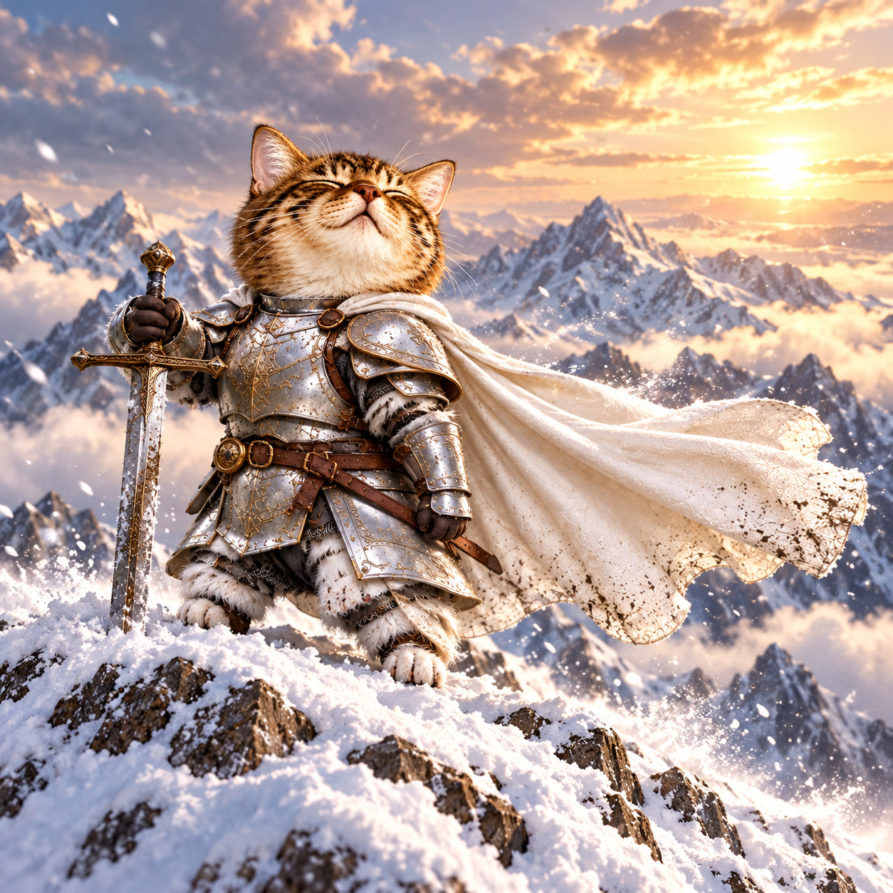 Cat knight with a billowing white cape on a snowy mountain summit